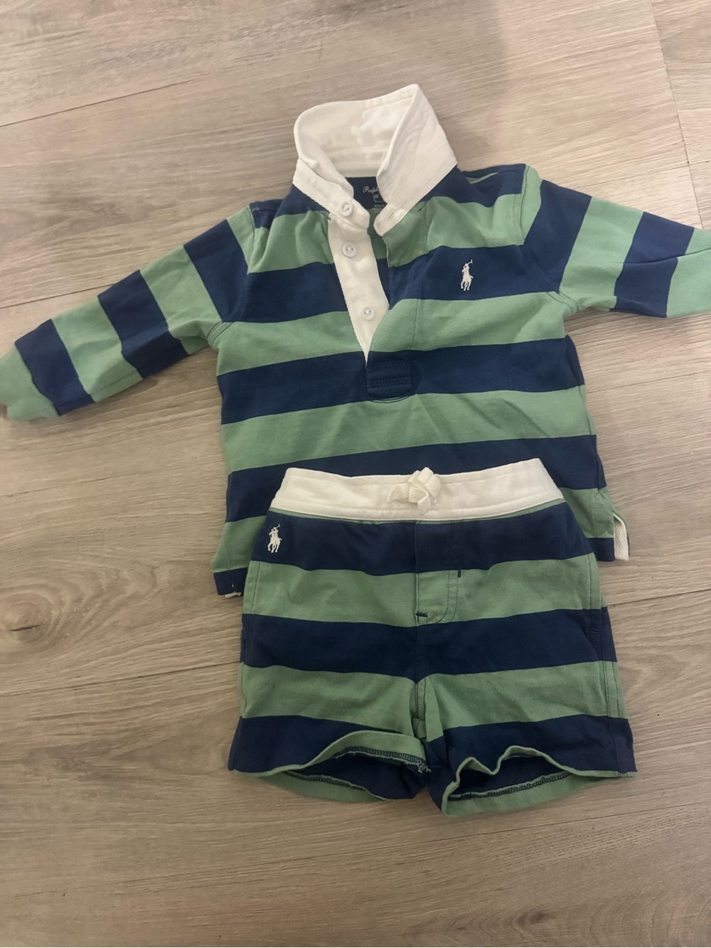 Ralph Lauren Green and Navy Striped Rugby Top & Shorts Set